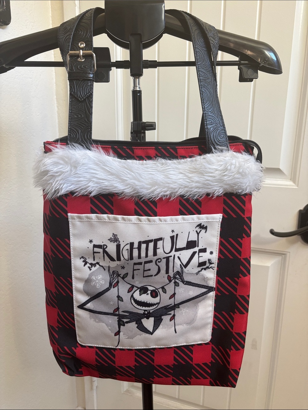 Disney Red and Black Plaid 'Frightfully Festive' Tote with Faux Fur Trim